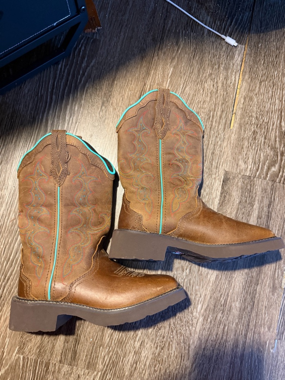 Justin Boots Brown Leather Western Combat Boots with Turquoise Trim